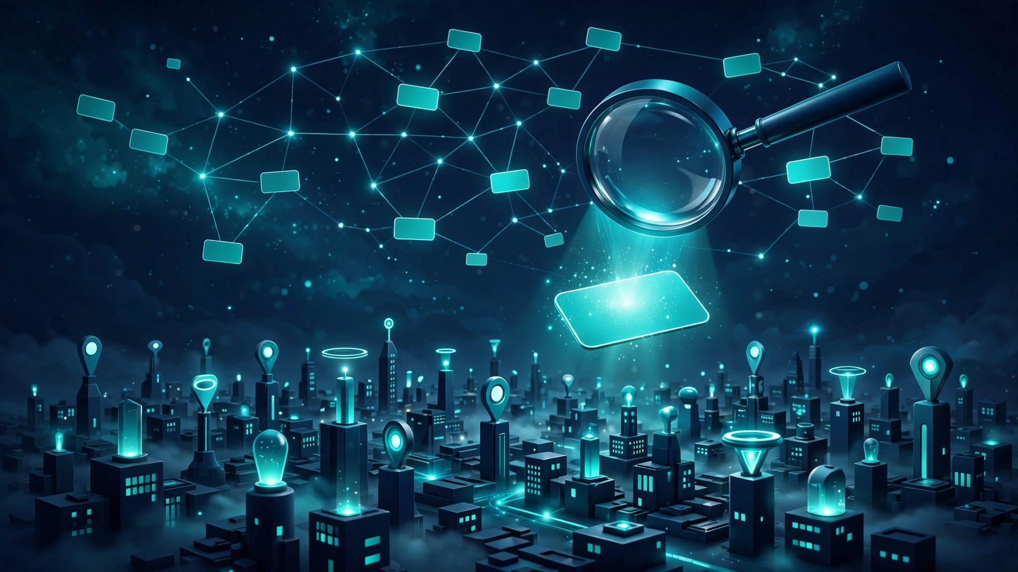 Brand mention tracking across AI search engines illustrated with glowing answer cards and brand signals