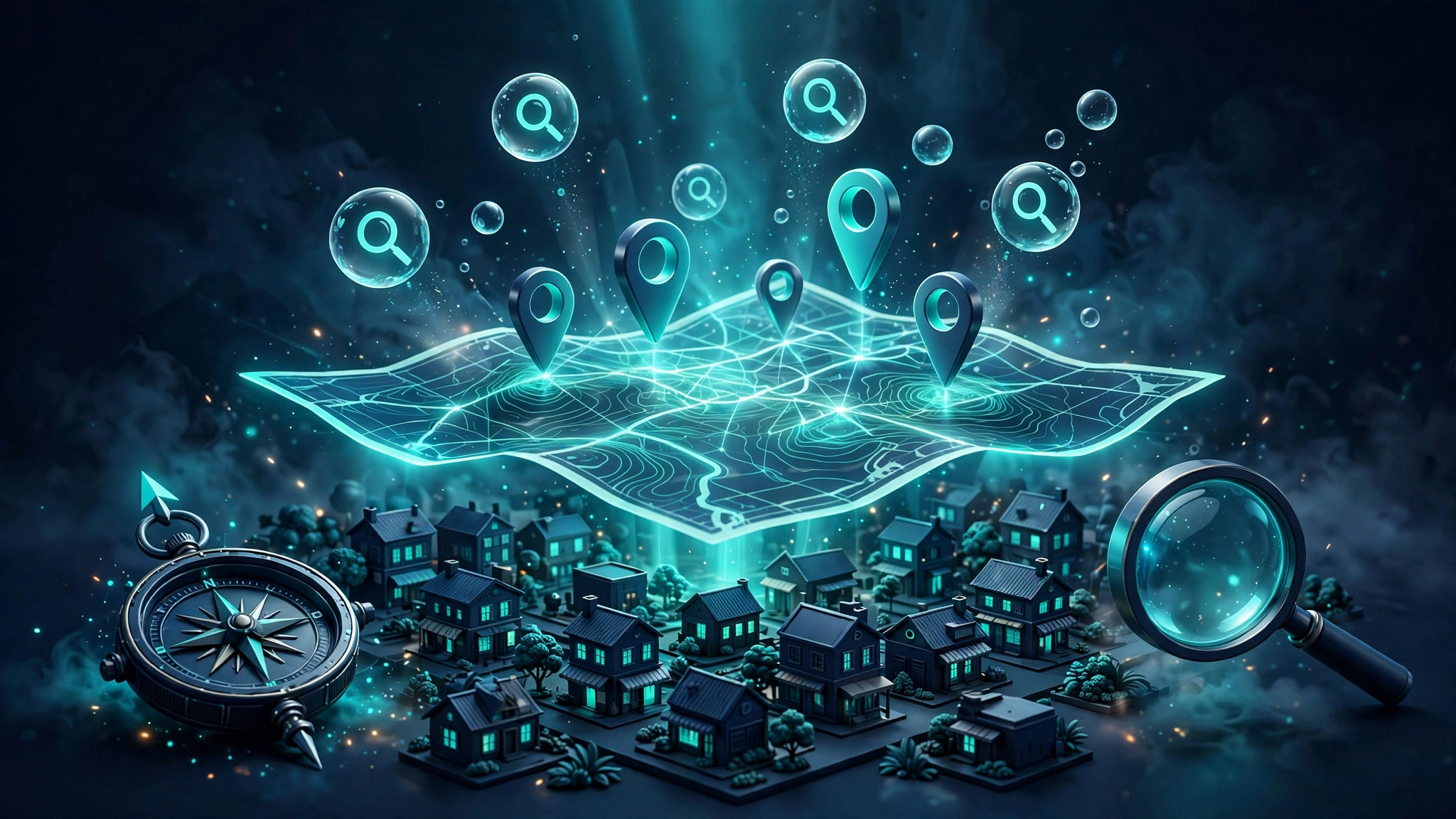 Local keyword research illustrated with a map, location pins, and search phrases from nearby customers