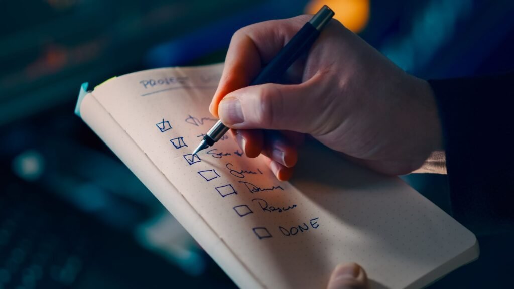 Hand ticking checkboxes on a paper SEO checklist with a pen
