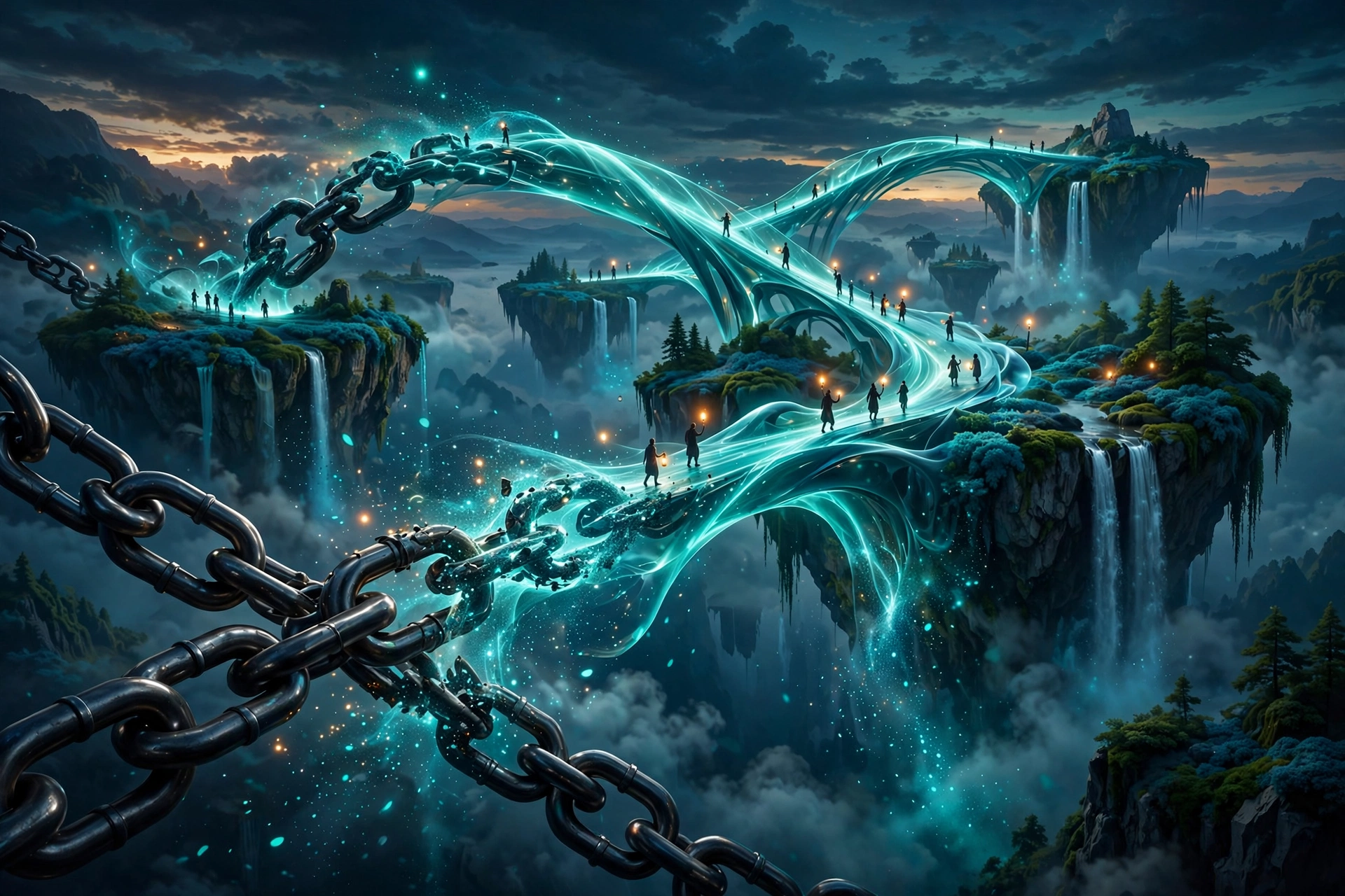 Dark navy and teal 3D illustration of glowing chain links transforming into bridges between floating islands at dusk