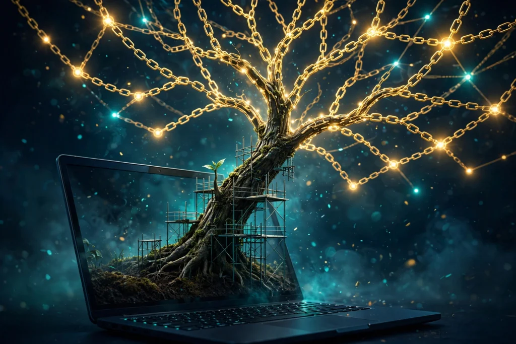 Dark navy and teal 3D illustration of a young website sprout growing into a tree of glowing links under a night sky