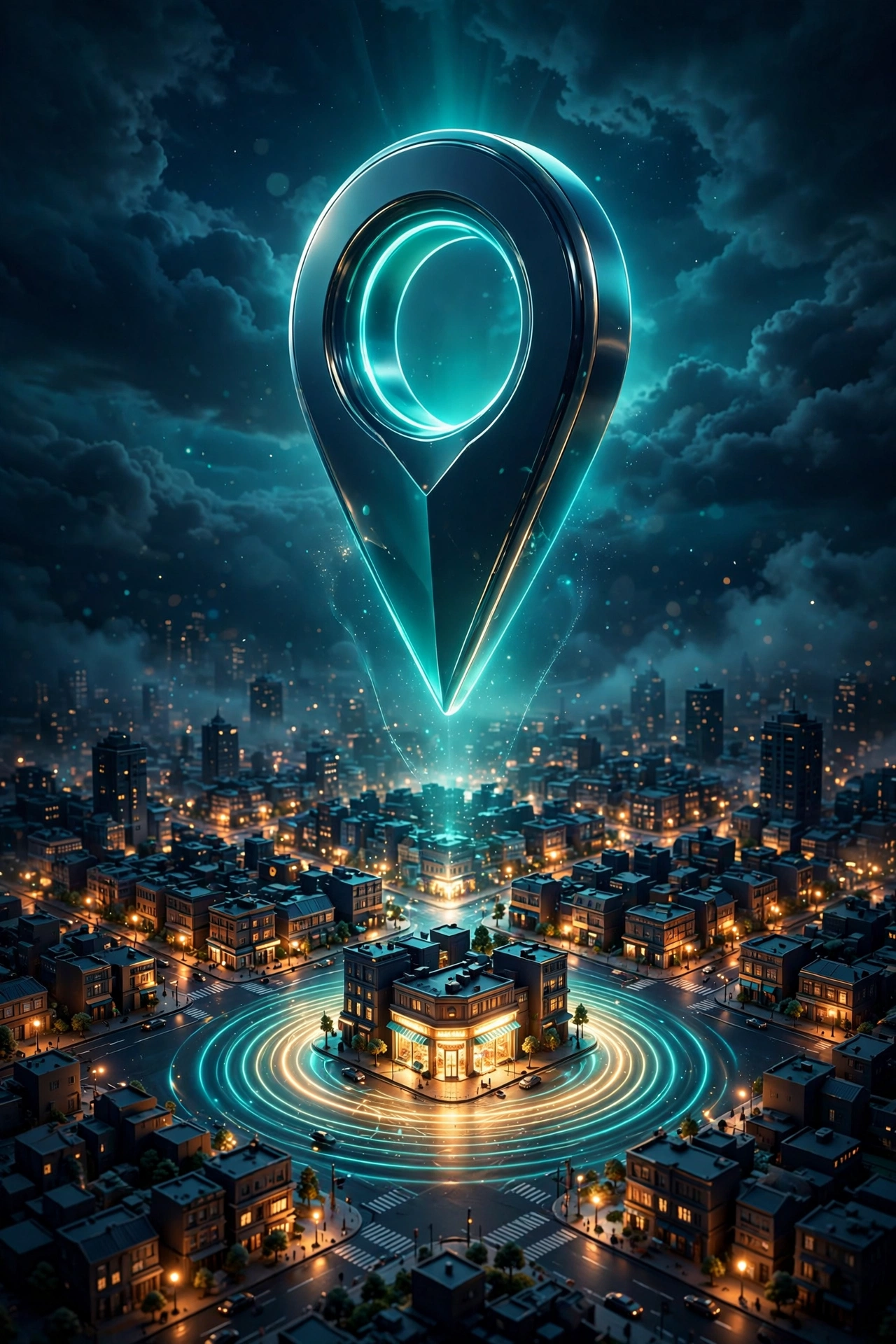 Dark navy and teal 3D illustration of a glowing map pin rising above a miniature city with a radiant storefront