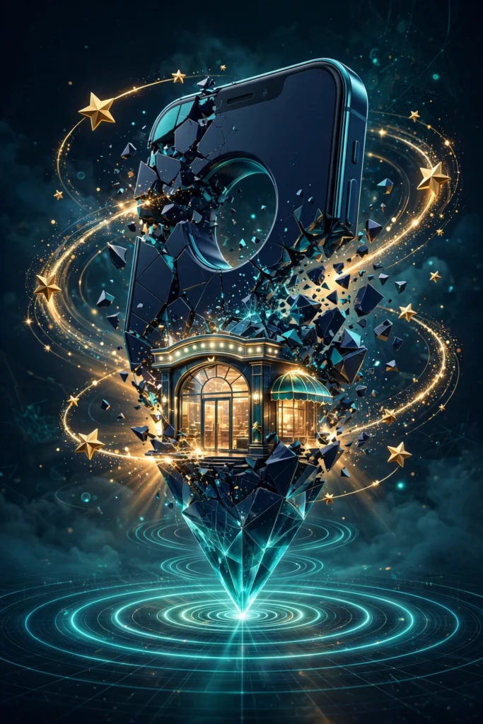 3D illustration of a giant smartphone map pin transforming into a glowing storefront beacon with orbiting review stars