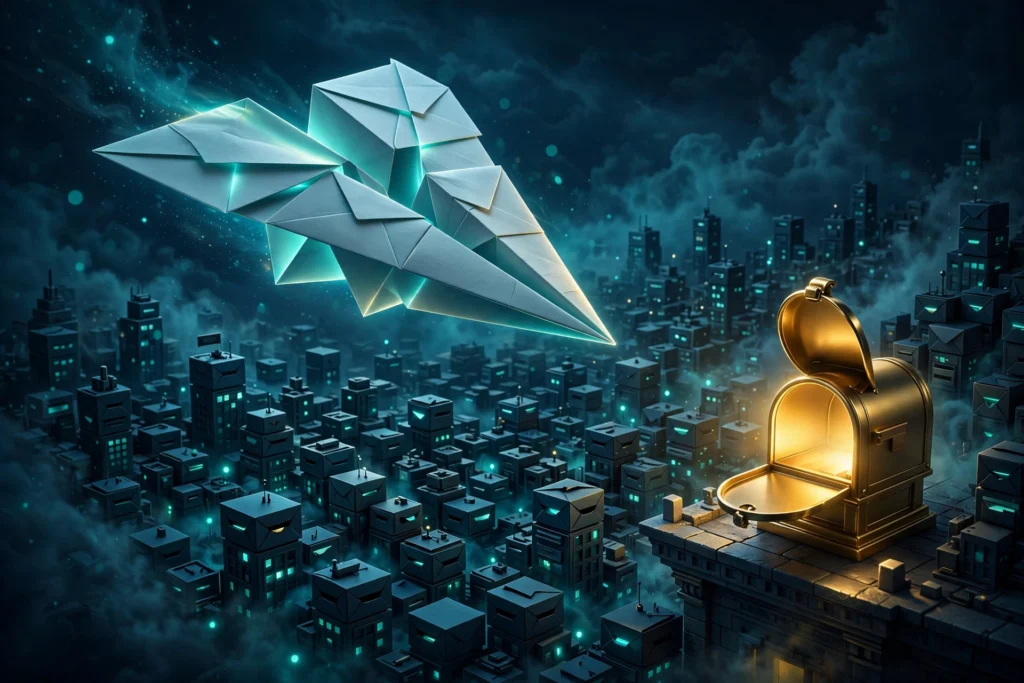 3D illustration of a glowing paper airplane made of email envelopes soaring toward an open golden mailbox