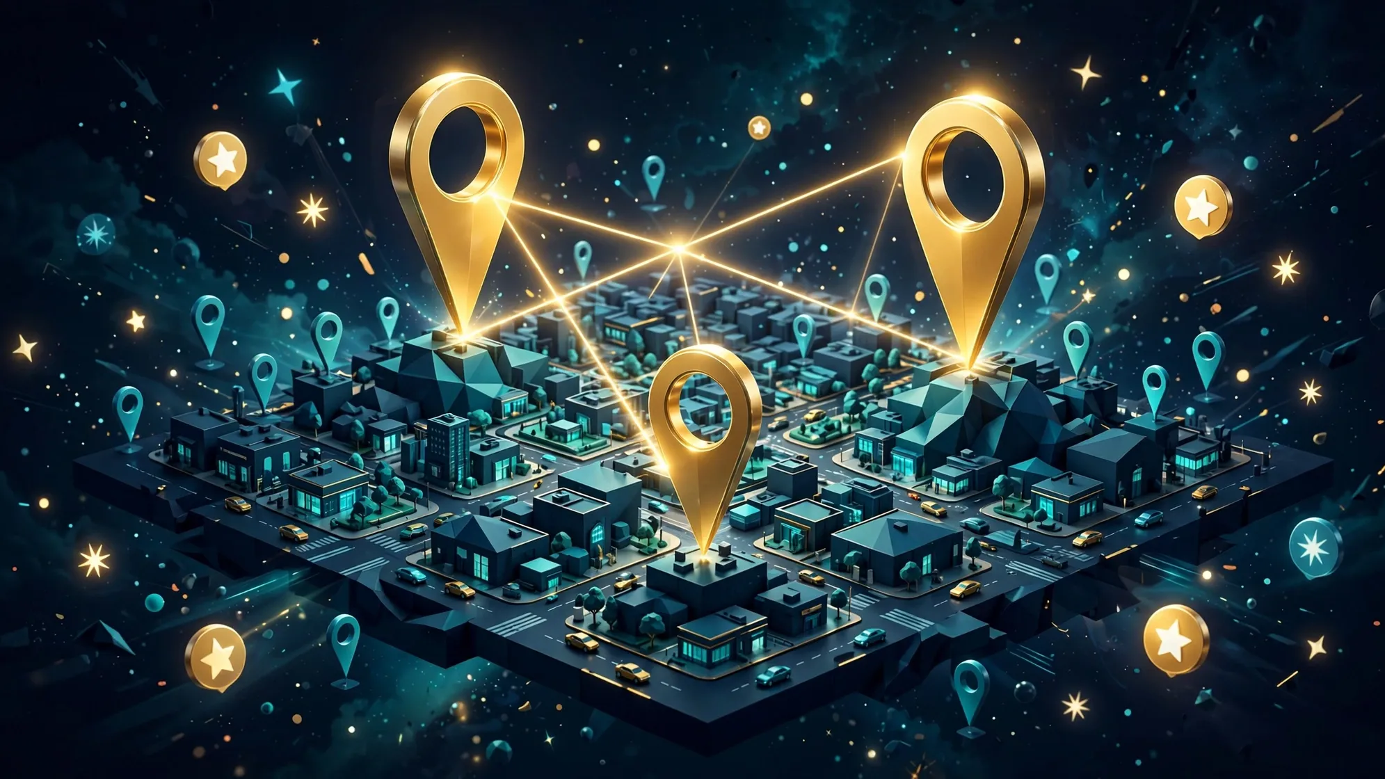 Google Maps 3 Pack illustration with glowing location pins over city map