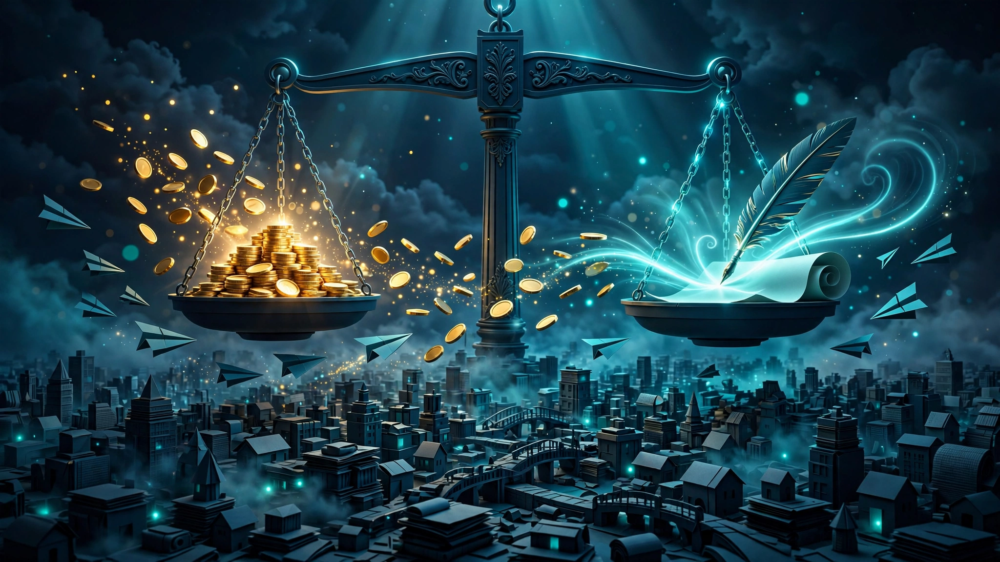 Guest post cost illustration with balance scale and glowing article