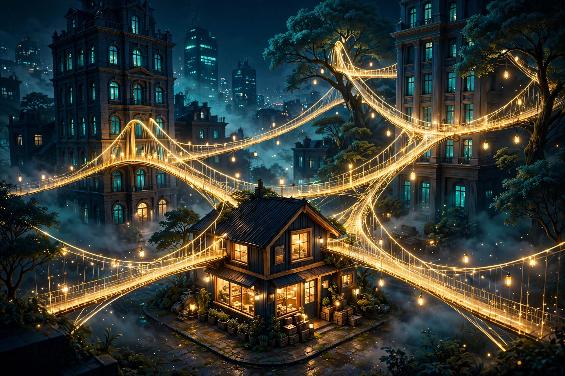 Link building for small business with a local shop connected by bridges of light to trusted sites