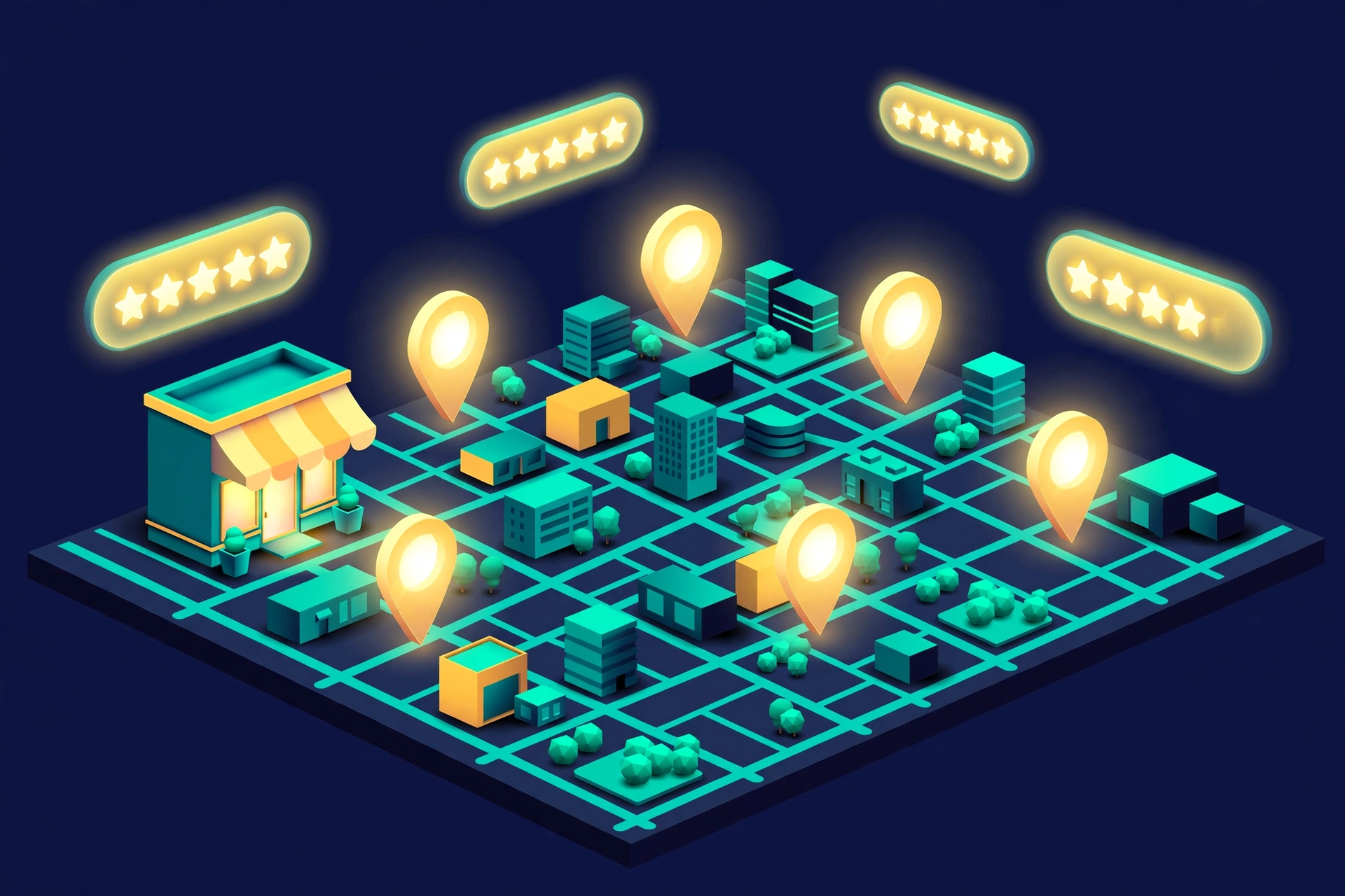 Local SEO city map with business pins and review stars